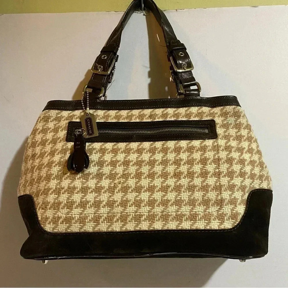 Coach houndstooth brown beige suede leather satchel handbag - Picture 1 of 11